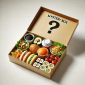 DALL·E 2024-11-05 21.10.21 - A mystery box containing a variety of restaurant food items, on a clean white background. The box should appear simple and slightly open, revealing an
