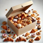 DALL·E 2024-11-05 21.12.07 - A mystery box containing a variety of bakery and pastry items, on a clean white background. The box should appear simple and slightly open, revealing