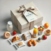 DALL·E 2024-11-07 17.49.33 - A surprise package with hotel food, placed on a clean white background. The package includes a small, elegant cardboard box or bag with a subtle hotel